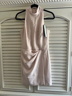 Halston Sleeveless Blush Pink Mock Neck Draped Sheath Dress